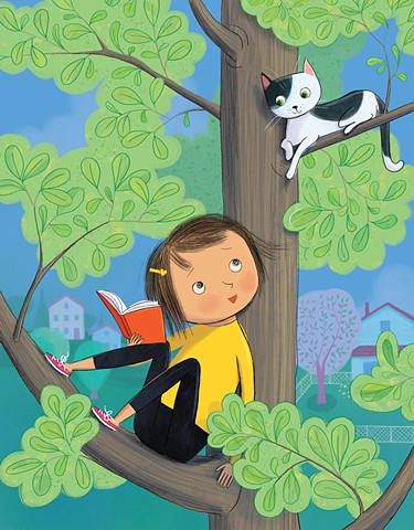 Violet Lemay, children's book illustrator, picture book illustration, kidlitart, cat, girl in tree, climbing a tree, girl reading