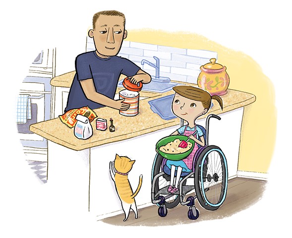 Violet Lemay, Yes I Can, wheelchair, Magination Press, spina bifida, disablilty, strong kids, strong girl, illustration, kidlit, kids in the kitchen, cooking for kids, cat