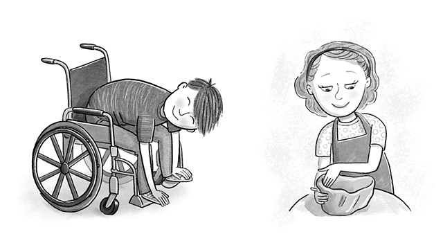 Violet Lemay, children's book illustrator, middle grade illustrator, black and white illustration, wheelchair, potter, kid doing pottery, boy in wheelchair stretching