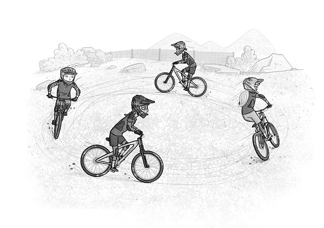 Violet Lemay, children's book illustrator, middle grade illustrator, black and white illustration, mountain bikes, tweens on bikes, Shred Girls
