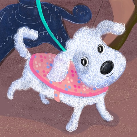 Violet Lemay, children's book illustrator, kidlitart, kidlit, picture book illustration, schnoodle, poodle, dog at cafe, sidewalk dog, dog illustration