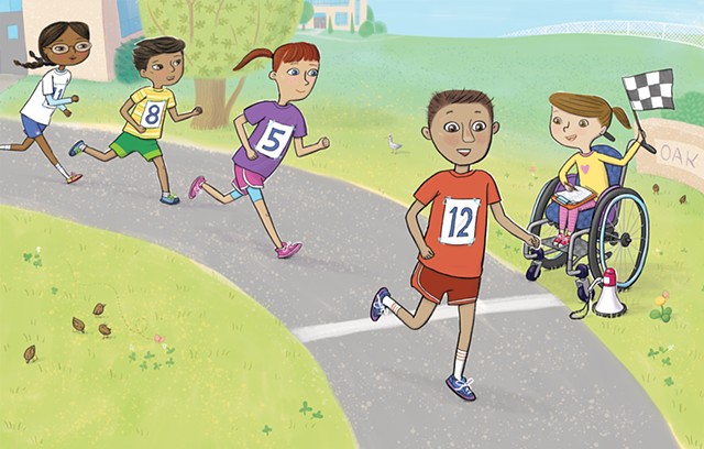 Violet Lemay, Yes I Can, wheelchair, Magination Press, spina bifida, disablilty, strong kids, strong girl, illustration, kidlit, race, spring, running, healthy kids, inclusion