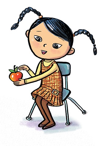 Violet Lemay, children's book illustration, textbook illustration, girl with apple, school girl, Asian girl, children's book illustrator, kidlit artist