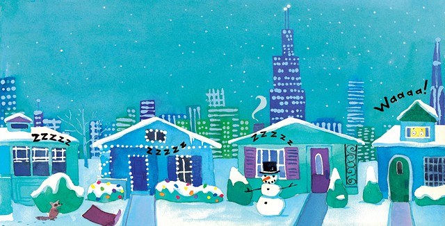 Chicago bungalows, Chicago Christmas, Chicago holiday, Chicago snow, Chicago skyline, city illustration, city art