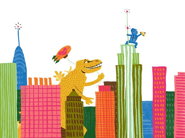 King Kong, Godzilla, city illustration, NYC, Big Apple, New York City, whimsical city art