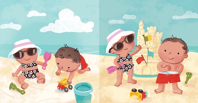 Violet Lemay, children's book illustrator, beach babies, kidlitartist, adorable illustration, sand castle