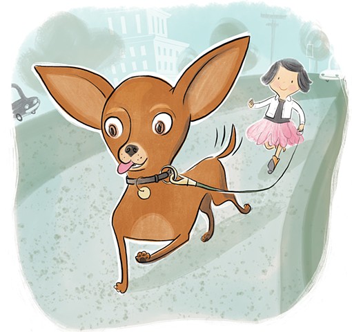 chihuahua, children's book illustration, Violet Lemay, dog, little girl, neighborhood