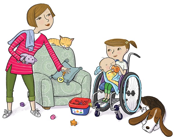 Violet Lemay, Yes I Can, wheelchair, Magination Press, spina bifida, disablilty, strong kids, strong girl, illustration, kidlit, basset hound, cat, cute baby
