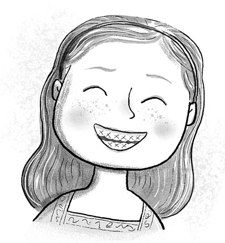 Violet Lemay, children's book illustrator, middle grade illustrator, black and white illustration, braces, middle school, smile, joy