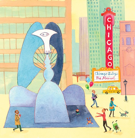 Picasso sculpture, Chicago, city illustration, city art, watercolor