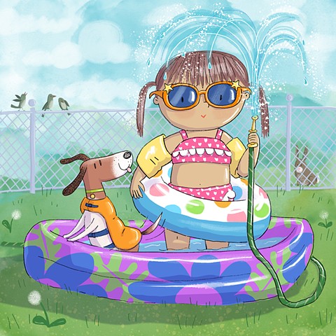 Violet Lemay, children's book illustrator, wading pool, summer fun, cute little girl, adorable