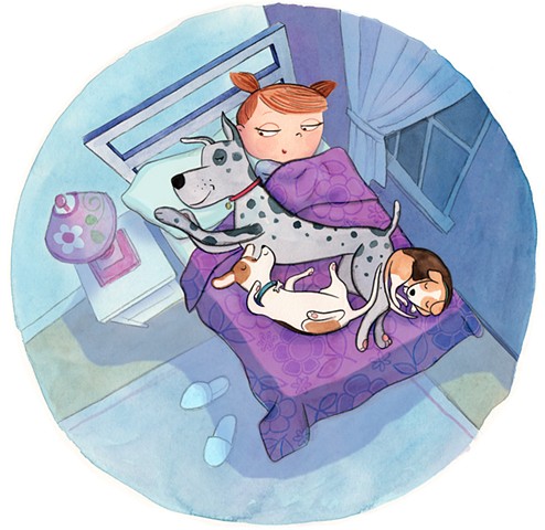 dogs, big dog, dogs in bed, sleeping dogs, dog illustration, girl, girl's room, girl with dog, watercolor