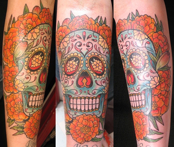 Day of the Dead Skull with Marigolds