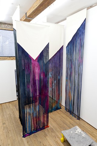 Dodge Gallery
Hang Up| 6 x unraveled and dyed canvas, stainless steel rod| 240 x 60 inches each, installation variable, front view| Photo Credit: Carly Gaebe