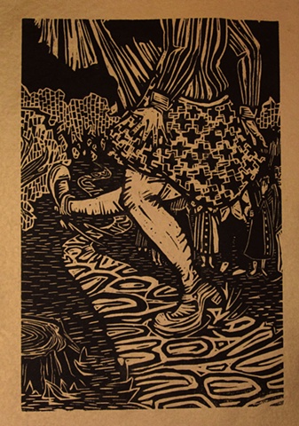 woodblock print illustration based on "The Red Shoes," a story in the book "Women Who Run with the Wolves" by Clarissa Pinkola Estes, Ph.D.