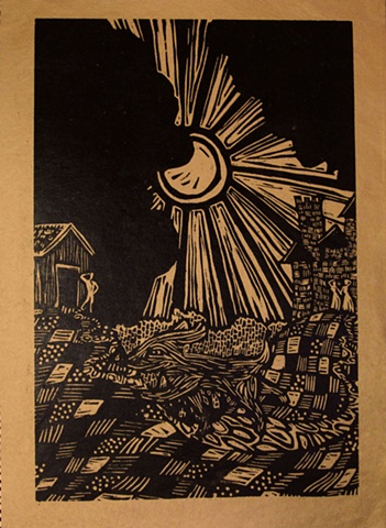 woodblock print illustration based on "Manawee," a story in the book "Women Who Run with the Wolves" by Clarissa Pinkola Estes, Ph.D.