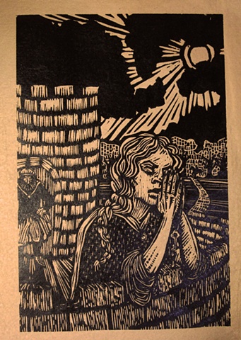 woodblock print illustration based on "Bluebeard," a story in the book "Women Who Run with the Wolves" by Clarissa Pinkola Estes, Ph.D.