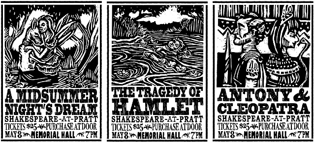 Block Prints, Pen and Ink, and Computer Illustration combined to create these posters for Shakespeare plays at Pratt.