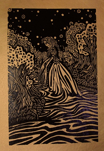 woodblock print illustration based on "La Llorena," a story in the book "Women Who Run with the Wolves" by Clarissa Pinkola Estes, Ph.D.