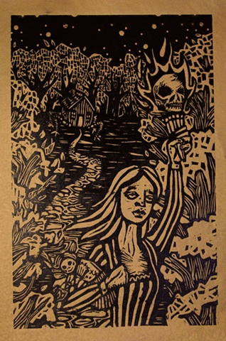 woodblock print illustration based on "Vasalisa the Wise," or "The Story of Baba Yaga," a story in the book "Women Who Run with the Wolves" by Clarissa Pinkola Estes, Ph.D.