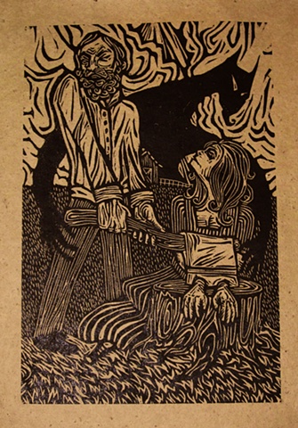 woodblock print illustration based on "The Handless Maiden," a story in the book "Women Who Run with the Wolves" by Clarissa Pinkola Estes, Ph.D.