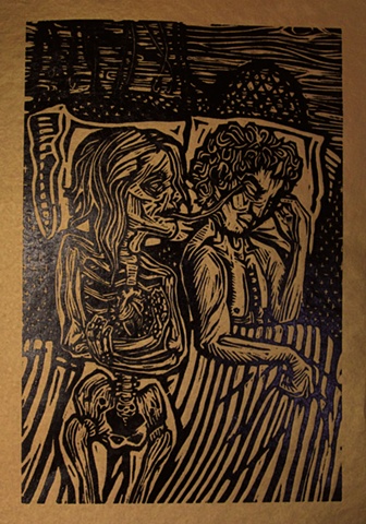 woodblock print illustration based on "Skeleton Woman," a story in the book "Women Who Run with the Wolves" by Clarissa Pinkola Estes, Ph.D.
