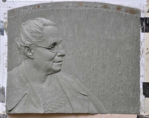 This portrait was reduced and cast in bronze as the obverse of the Emmy Noether Lecturer commemorative plaquette.  Every four years the International Mathematical Union (IMU) invites a female mathematician of the highest distinction to lecture at the Inte
