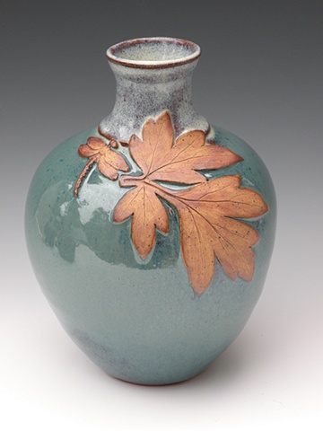 Aqua Leaf Vase with Dragonfly