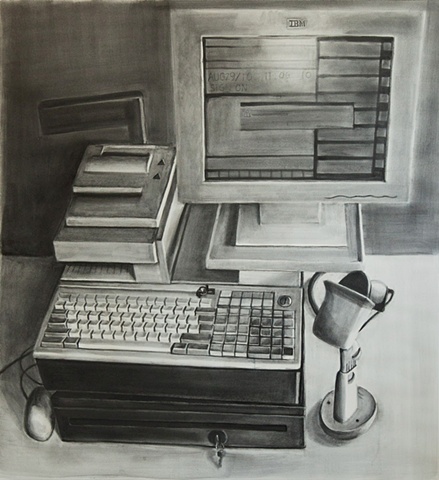 graphite wash drawing of a cash register system