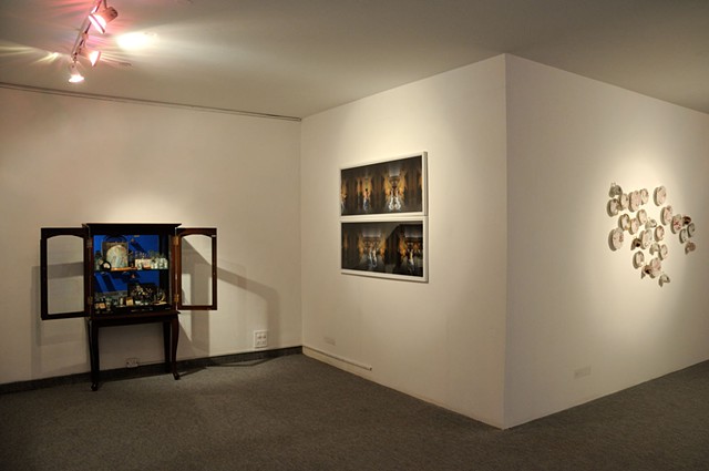 Gallery view (L to R: 'The Other Side of Time', 'Here I Lie in my Own Separate Skin' and 'Afternoon Tea Party, 1947')