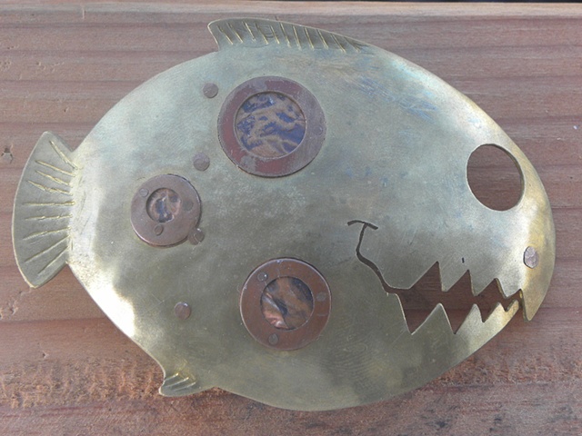 brass and copper, "Burtinesque" fish belt buckle