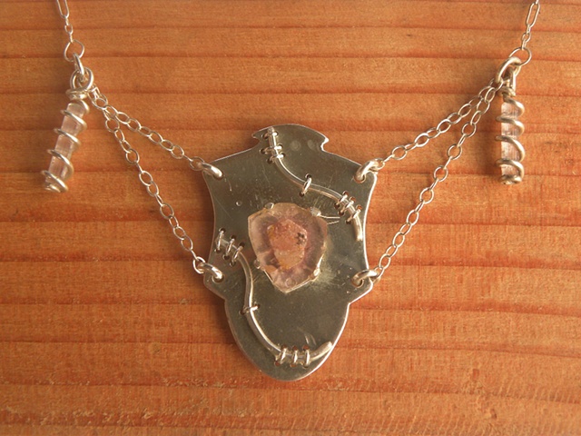 sterling silver necklace featuring tourmaline slab and two tourmaline crystals