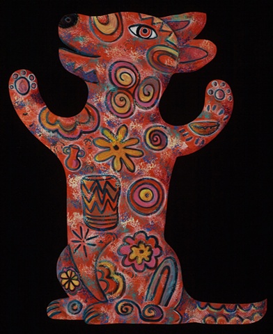(Sold) HaHappy dancing dog with Folk-Funk Sun symbol motif inspired by the Neolithicc Passage Tomb at New Grange.