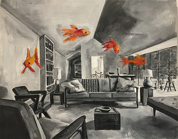 acrylic on panel of interior with fish