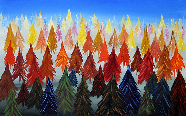 painting, acrylic, spruce, forest, trees