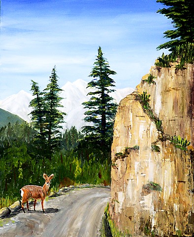 Nature, deer, rock, acrylic, painting