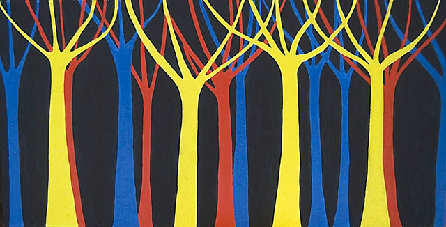 Tree trunks and a forest painted in primary colours
