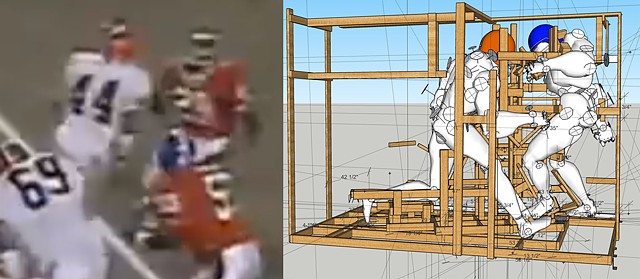 Research Material: A still image from footage of the fumble in the 1987 AFC Championship game, alongside a 3D model derived from the footage.
