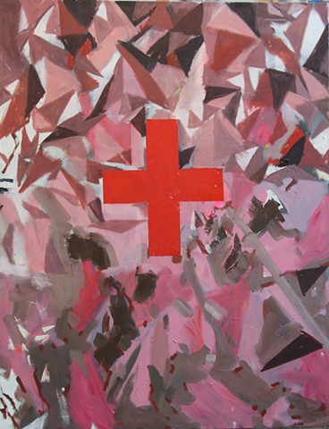 pink mountain, red cross