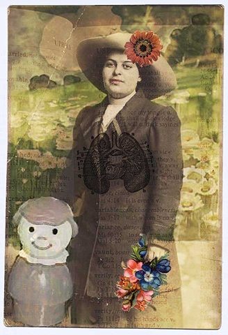 Pop Surrealism mixed media collage image. Mother & Child in field of daisies..