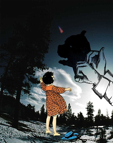 Pop Surrealism mixed media collage image. shadow puppets 