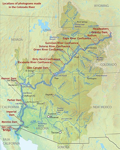 Map of Colorado River as it flows from headwaters in Northern Colorado to the Gulf of California in Mexico.
