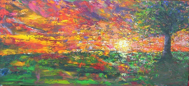 landscape,palette knife,painterly,sunrise, sunset,trees,pasture