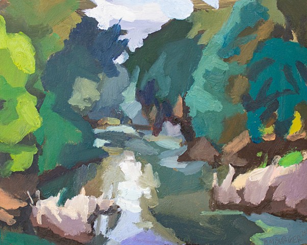 plein air oil landscape painting of a bayou waterway with trees and foliage