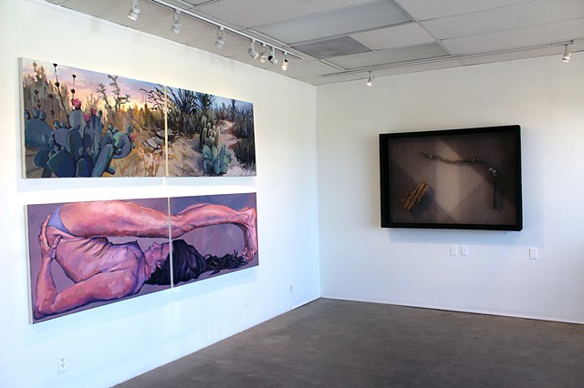 Installation of 'Passing Through' Group Exhibit at Joshua Tree Gallery of Art, May 2019, with sculptural work by Annika Bowker