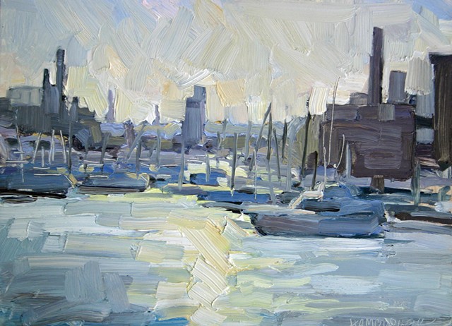 Sundown at the Harbor, oil on panel, 9x12