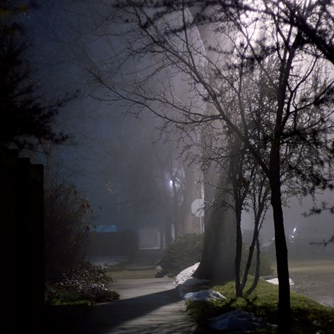 foggy night walking in the neighborhood