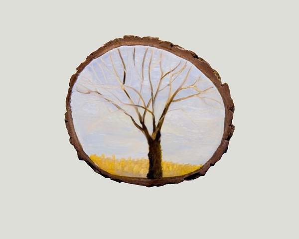 small landscape painting on oak branch segment substrate