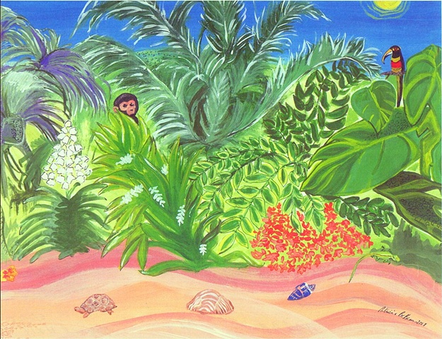 Image of fantasy jungle seashore with creatures peering out from bushes by Patricia BeBeau.