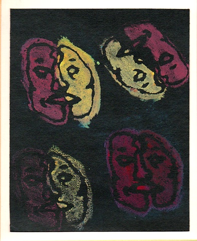 Image of block print faces on black paper by Patricia BeBeau.